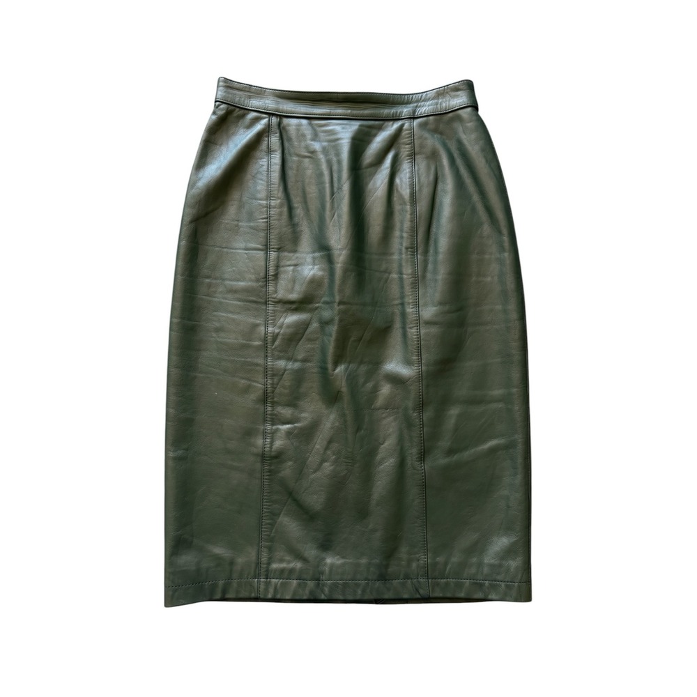 Vintage Cayenne Forest Green Leather High Waist Pencil Midi Skirt 7/8
